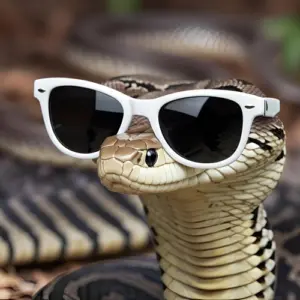 Eine Kobra als Brillenschlange, die eine weiße Sonnenbrille trägt.
